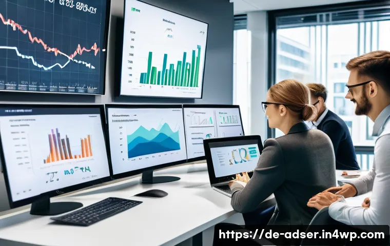 퍼포먼스 마케팅을 위한 콘텐츠 제작 팁 - A professional German marketing team in a modern office setting, collaborating around a large digita...