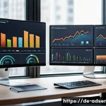 퍼포먼스 마케팅의 성과 개선을 위한 제안 - A modern digital marketing workspace showing a sleek desktop computer and multiple large monitors di...