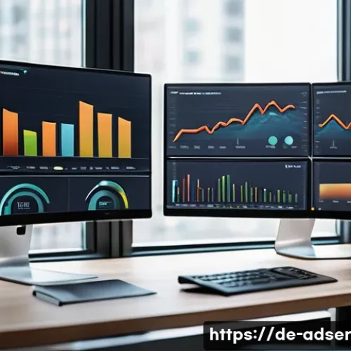 퍼포먼스 마케팅의 성과 개선을 위한 제안 - A modern digital marketing workspace showing a sleek desktop computer and multiple large monitors di...