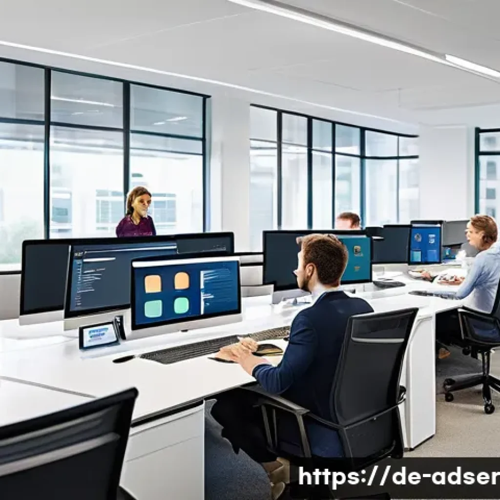 퍼포먼스 마케팅의 전환율 최적화 전략 - A modern, sleek office environment showing a diverse team of marketing professionals analyzing dynam...