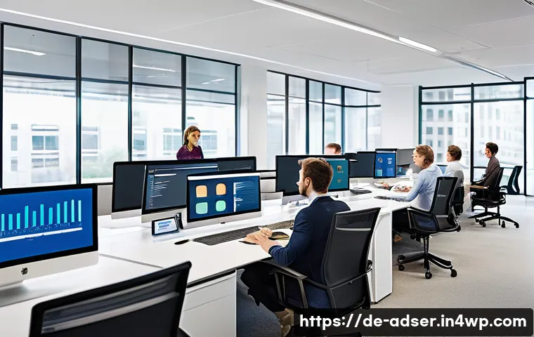 퍼포먼스 마케팅의 전환율 최적화 전략 - A modern, sleek office environment showing a diverse team of marketing professionals analyzing dynam...