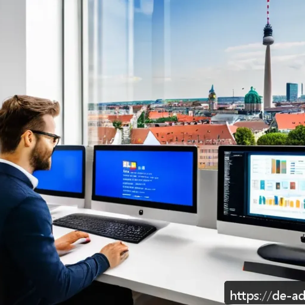 퍼포먼스 마케팅의 광고 효과 분석 도구 - A modern digital marketing office scene in Berlin, Germany, showing a professional marketer analyzin...