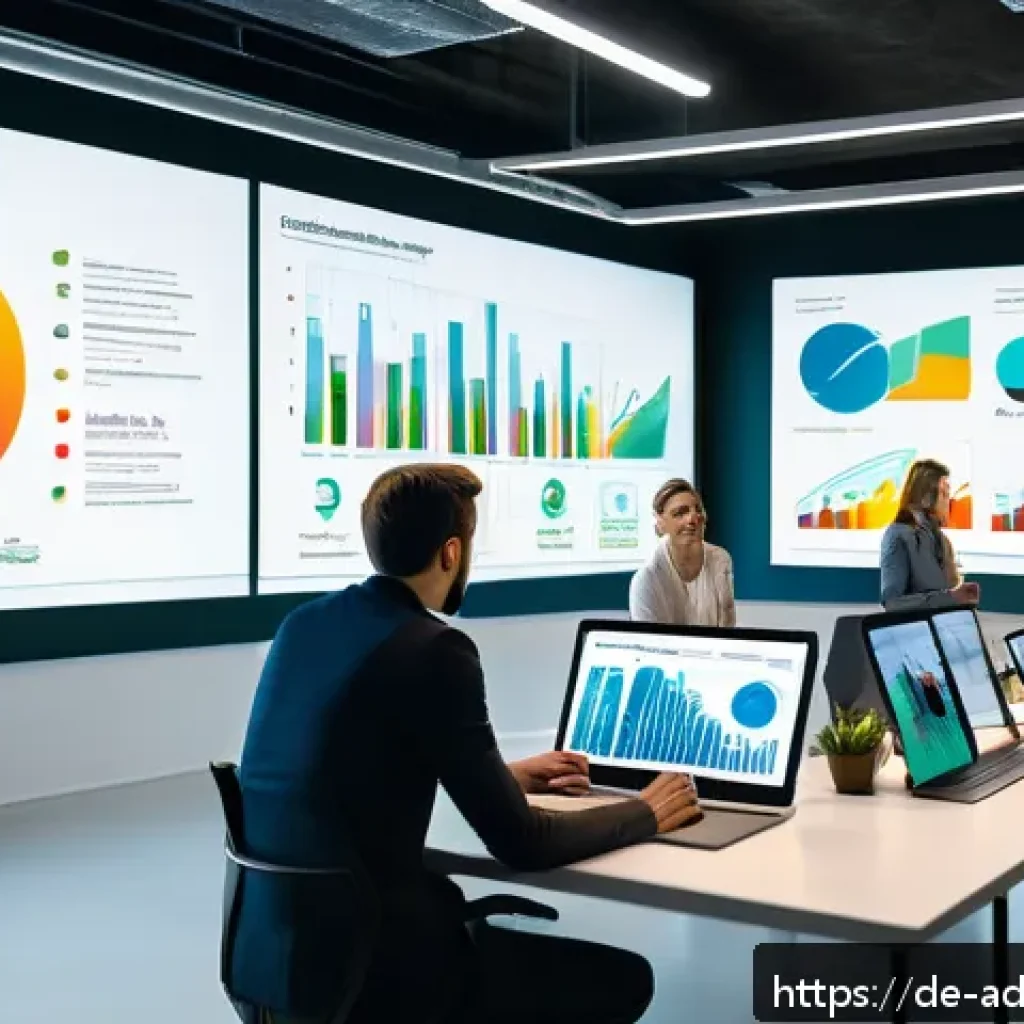 퍼포먼스 마케팅의 지속 가능성 문제 - A modern, bright office environment showing a diverse team of marketing professionals analyzing digi...