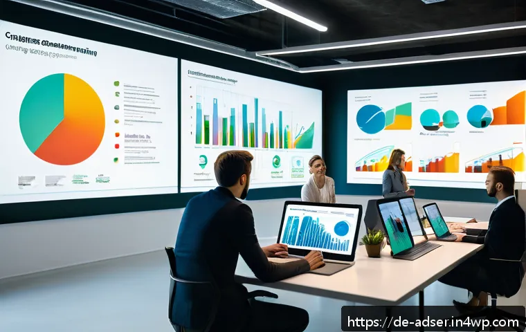 퍼포먼스 마케팅의 지속 가능성 문제 - A modern, bright office environment showing a diverse team of marketing professionals analyzing digi...