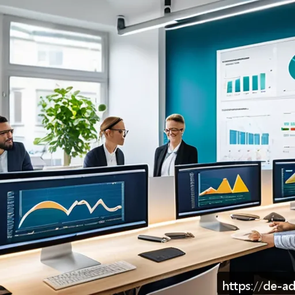 퍼포먼스 마케팅을 위한 타겟 오디언스 분석 - A modern digital marketing office scene in Berlin, showing a diverse team of professionals analyzing...