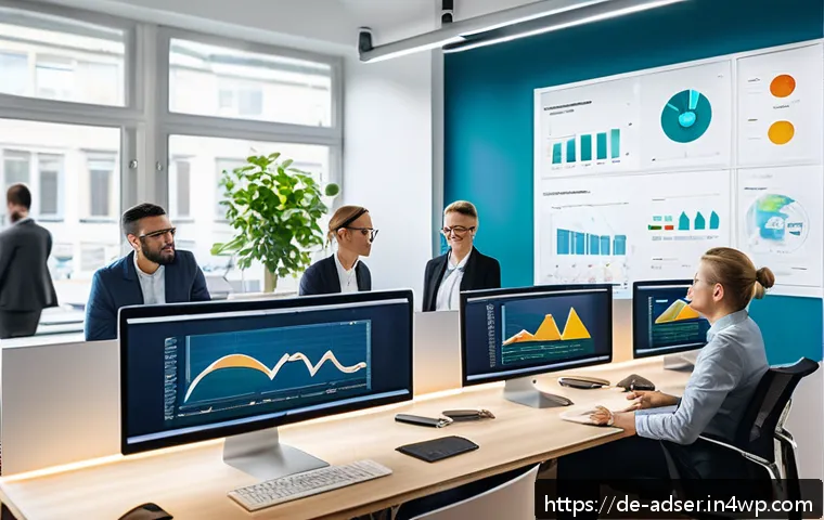 퍼포먼스 마케팅을 위한 타겟 오디언스 분석 - A modern digital marketing office scene in Berlin, showing a diverse team of professionals analyzing...