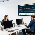 퍼포먼스 마케팅의 ROI 분석 - A modern digital marketing office scene in Berlin, featuring a diverse team of professionals analyzi...