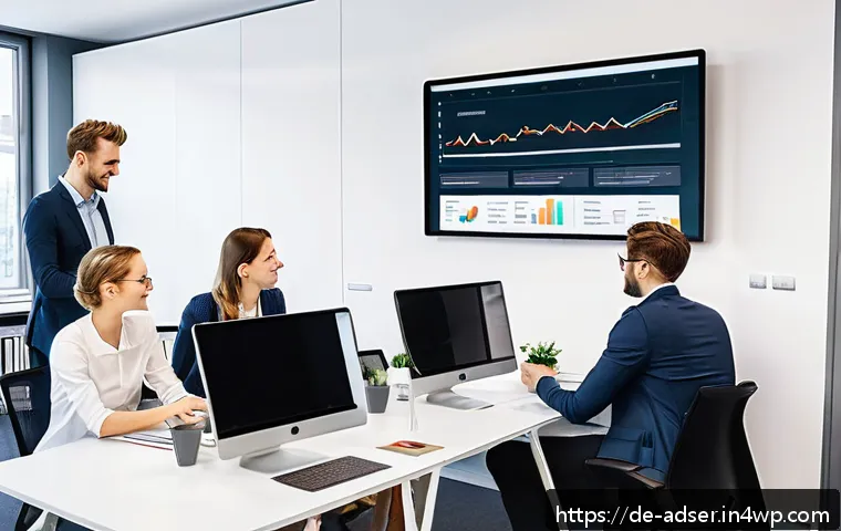 퍼포먼스 마케팅의 ROI 분석 - A modern digital marketing office scene in Berlin, featuring a diverse team of professionals analyzi...