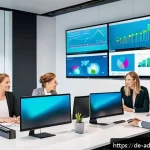 퍼포먼스 마케팅의 장단점 분석 - A modern digital marketing office scene showing a diverse team of professionals analyzing real-time ...