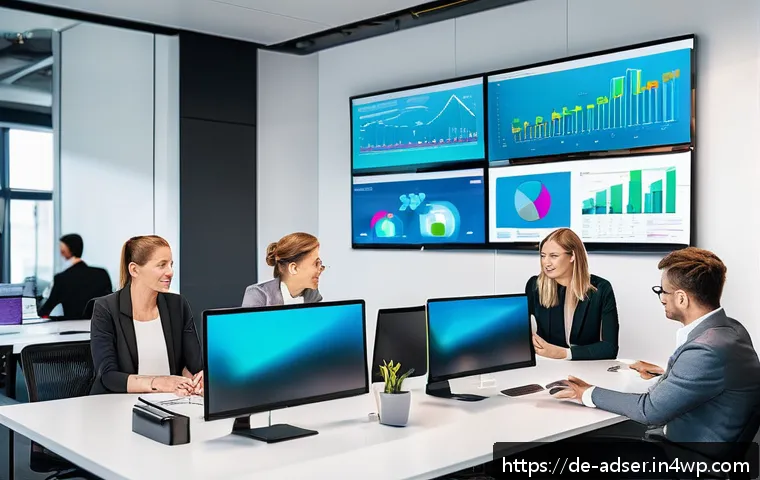 퍼포먼스 마케팅의 장단점 분석 - A modern digital marketing office scene showing a diverse team of professionals analyzing real-time ...