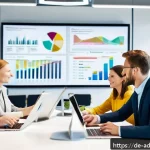 퍼포먼스 마케팅에서의 비즈니스 모델 혁신 - A modern German office environment showing a diverse team of professionals collaborating on digital ...