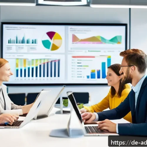 퍼포먼스 마케팅에서의 비즈니스 모델 혁신 - A modern German office environment showing a diverse team of professionals collaborating on digital ...