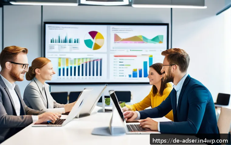 퍼포먼스 마케팅에서의 비즈니스 모델 혁신 - A modern German office environment showing a diverse team of professionals collaborating on digital ...