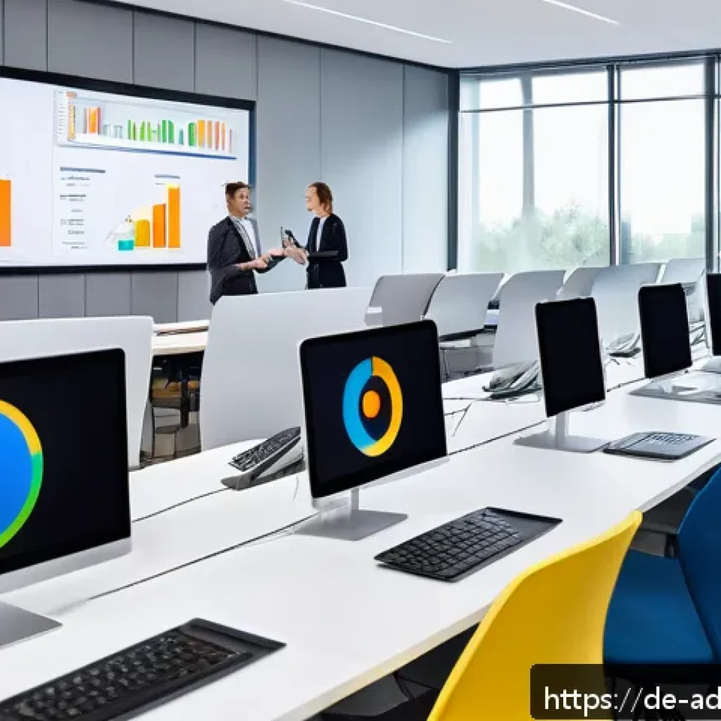 퍼포먼스 마케팅에서 데이터 분석의 중요성 - A modern office scene showing a diverse team of German marketing professionals analyzing performance...