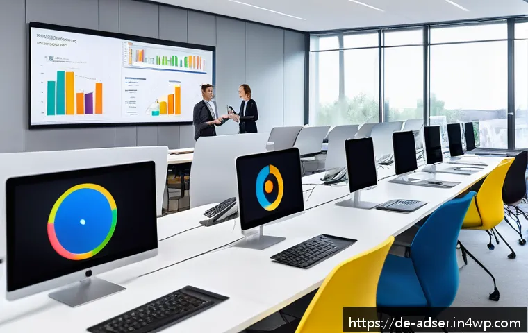 퍼포먼스 마케팅에서 데이터 분석의 중요성 - A modern office scene showing a diverse team of German marketing professionals analyzing performance...
