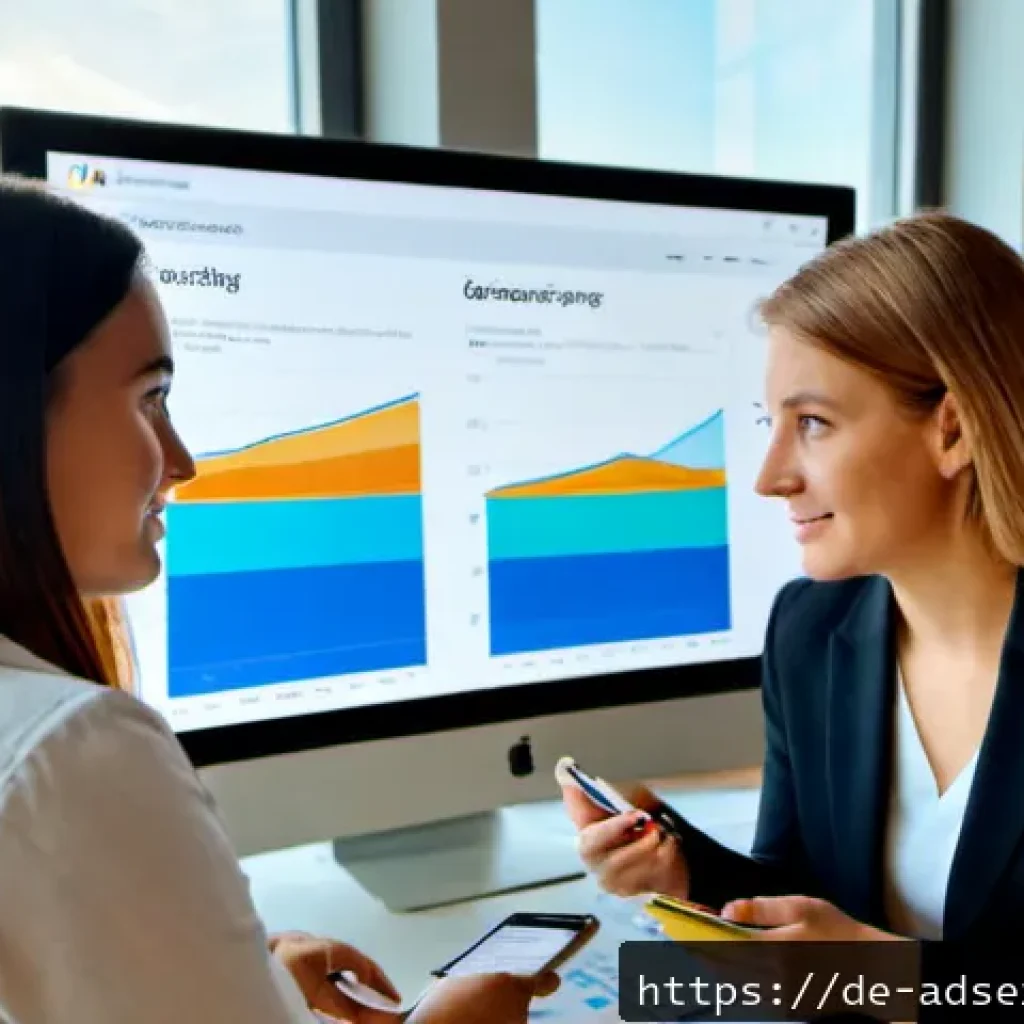 이메일 마케팅과 퍼포먼스 마케팅의 통합 - Photorealistic modern marketing team in a bright Berlin office, a German businesswoman and colleague...