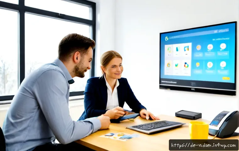 Home 16 퍼포먼스 마케팅과 디지털 트랜스포메이션 - Photorealistic modern German marketing team in a bright Berlin-style office, two professionals revie...